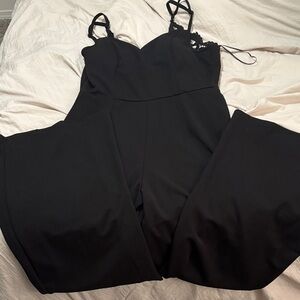 Francesca's Collections Black Wide-Leg Lace-Trim Jumpsuit